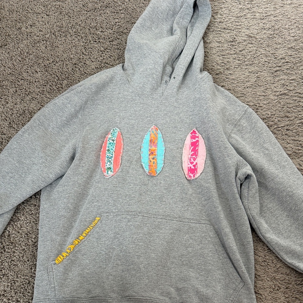 Gray Hoodie with Colorful Surfboard Design